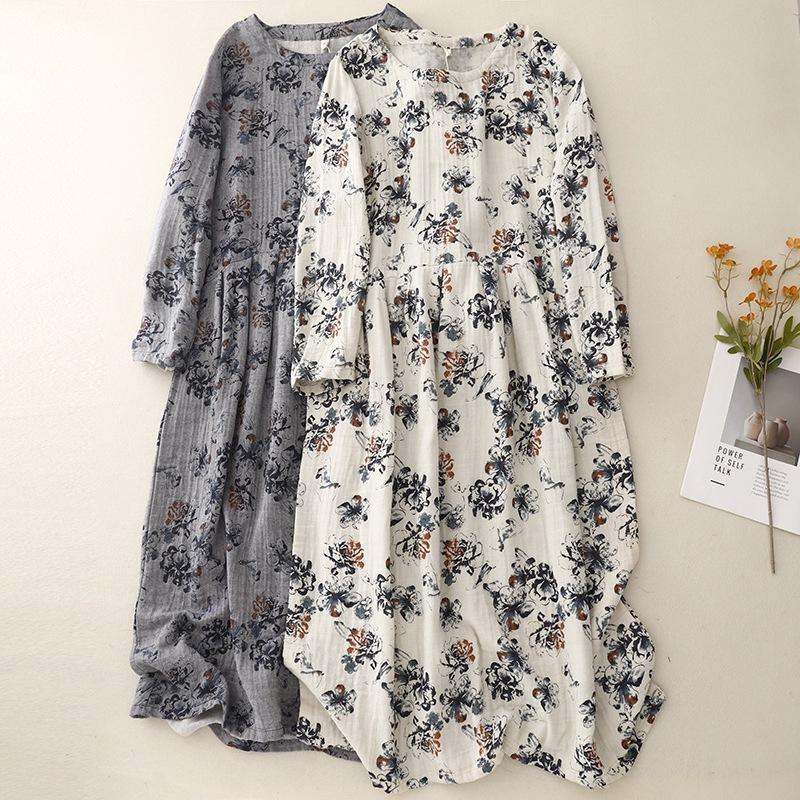 2025 весна и осень новое платье из хлопка и льна с принтом, женское свободное идиллическое платье с круглым вырезом и длинными рукавами, цветочная длинная юбка