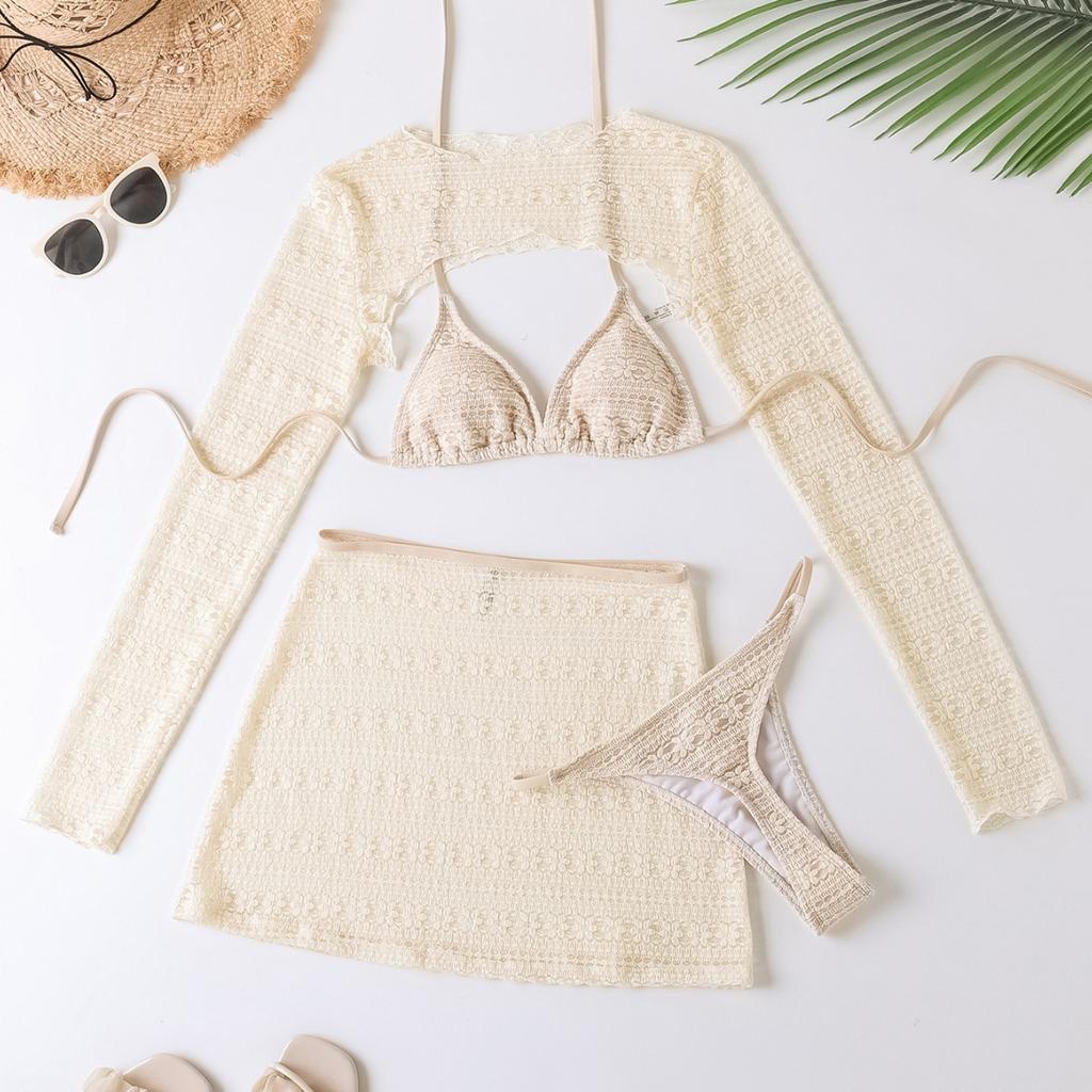 Комплект из четырех предметов: блузка с разрезом и длинным рукавом, сексуальный купальник бикини для женщин