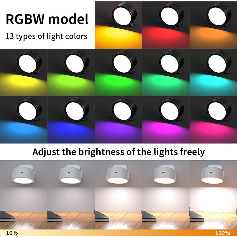 Вращающийся на 360° светодиодный настенный светильник, перезаряжаемый, RGB и 3 цвета, магнитный светодиодный прожектор, сенсорное дистанционное управление для освещения спальни и гостиной