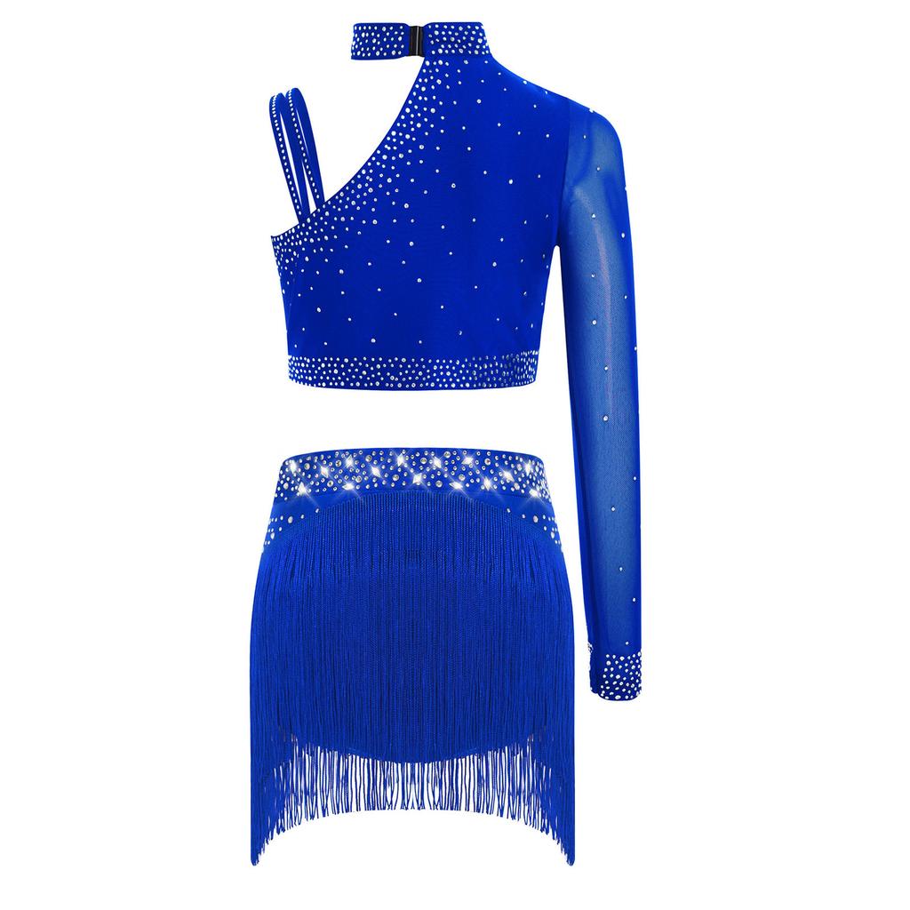 Girls Irregular Shoulder Crop Top Sparkly Rhinestone Fringe Bottoms Dance Performance Set