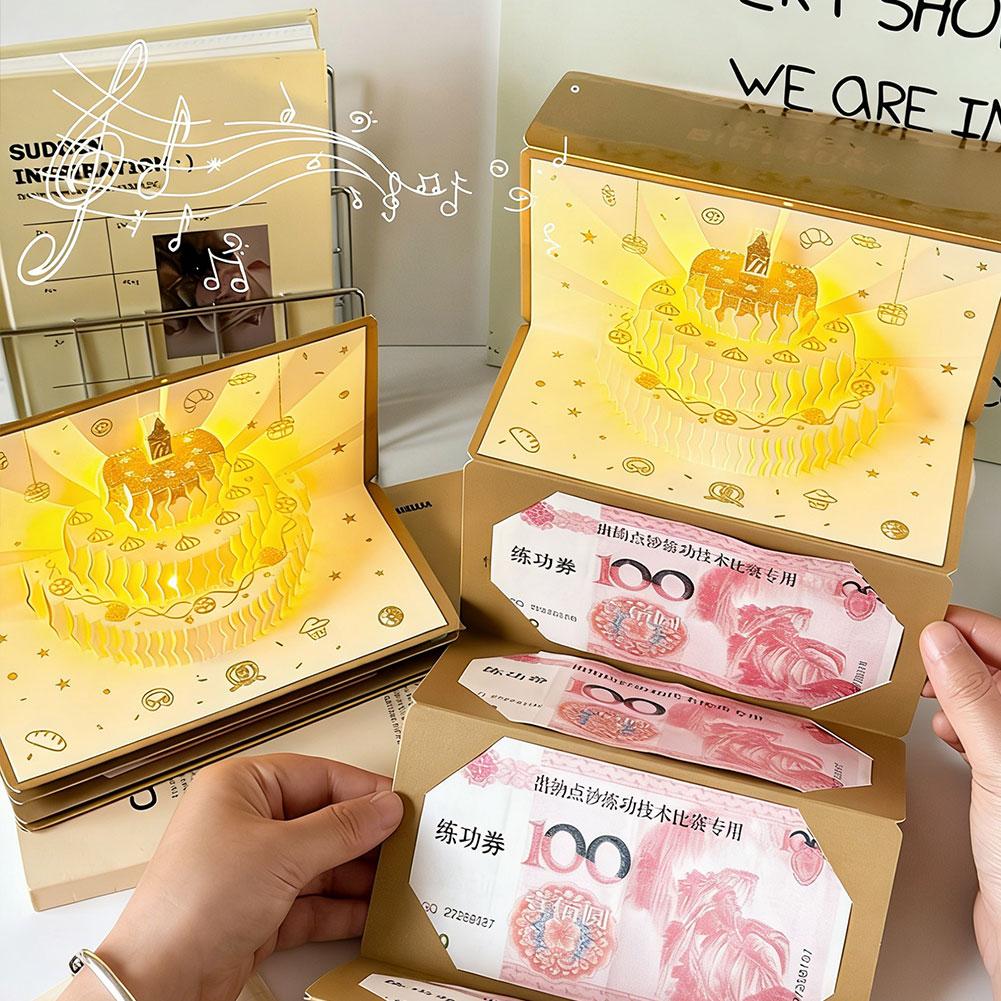 Traditional Foldable 3D HongBao Birthday Greeting Card DIY Packing Birthday Cake Money Bag Warm Best Wishes for Celebration