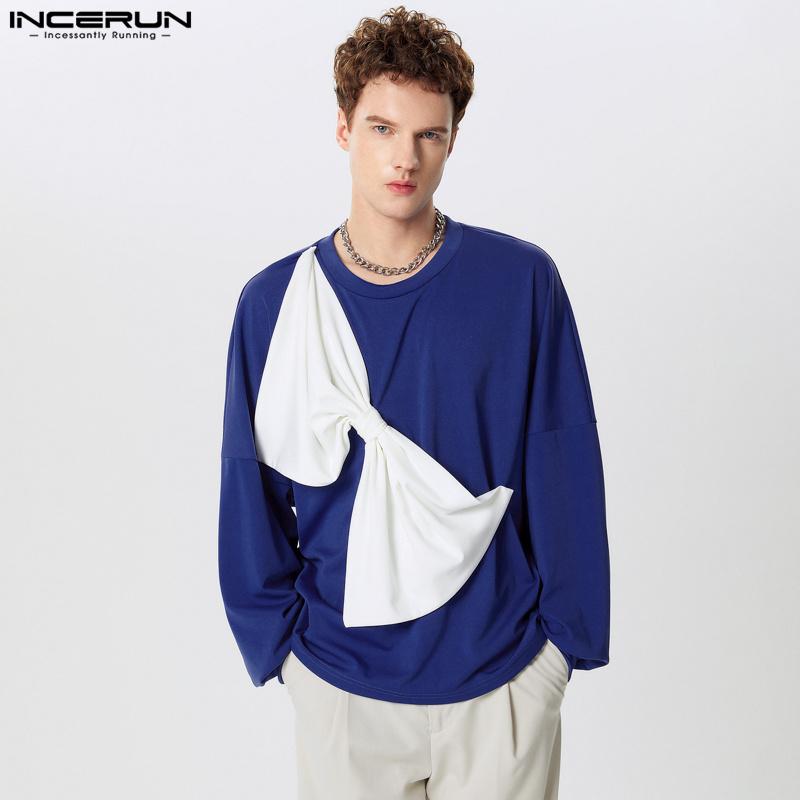 INCERUN Men Round Neck Big Bow Patchwork Long Sleeve Pullover Tops