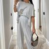 Women's Light Gray Short Sleeve Top and Wide Leg Pants Set Casual Comfortable Outfit