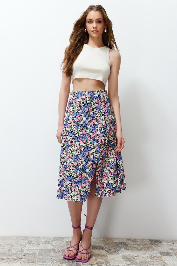 Women's Fashion Purple Printed High Waist Midi Stretchy Knitted Skirt with Gather Detail and Flounce