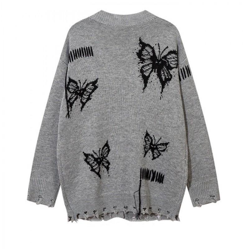 Unisex Gothic Streetwear Knit Cardigan With 3D Butterfly Jacquard Loose Fit V-Neck Long Sleeve Sweater In Black Gray