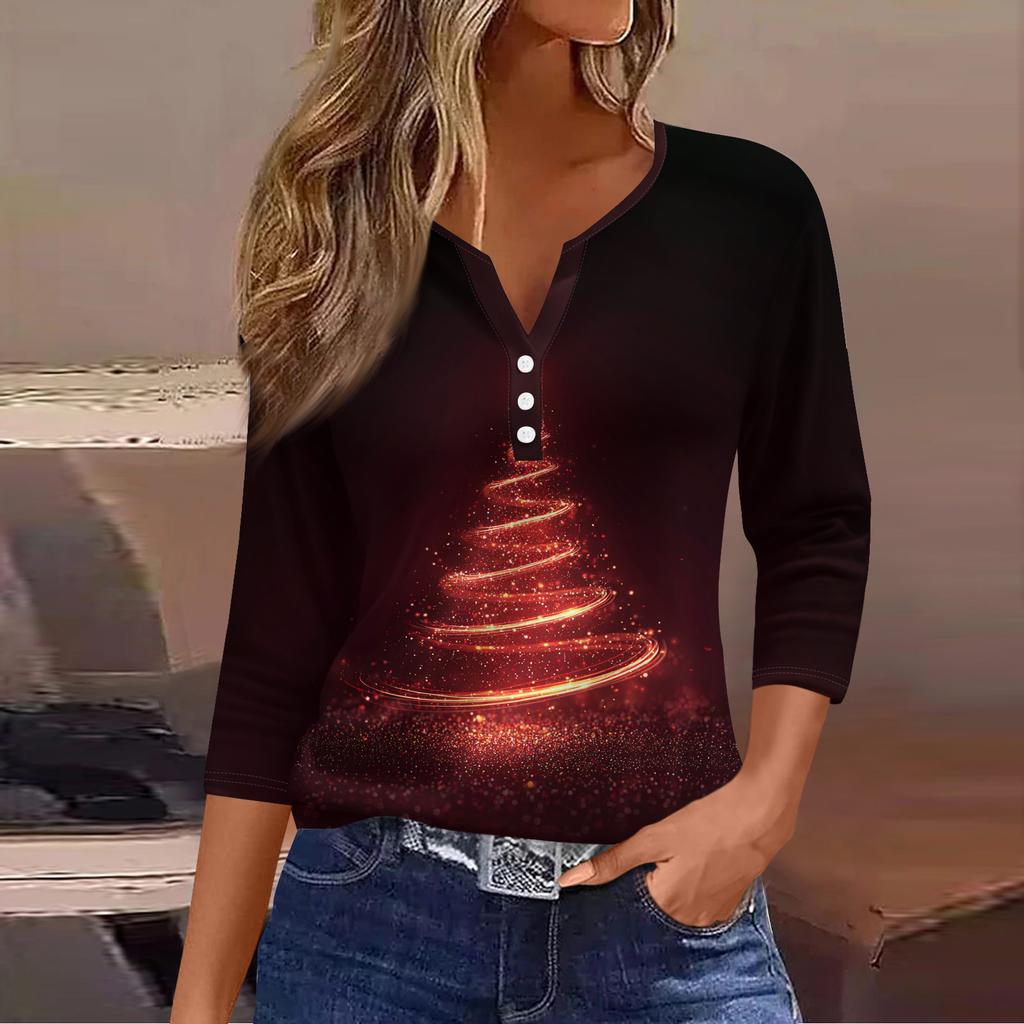 Женская модная повседневная футболка с принтом рождественской елки, V-образным вырезом, декоративными пуговицами и рукавом три четверти
