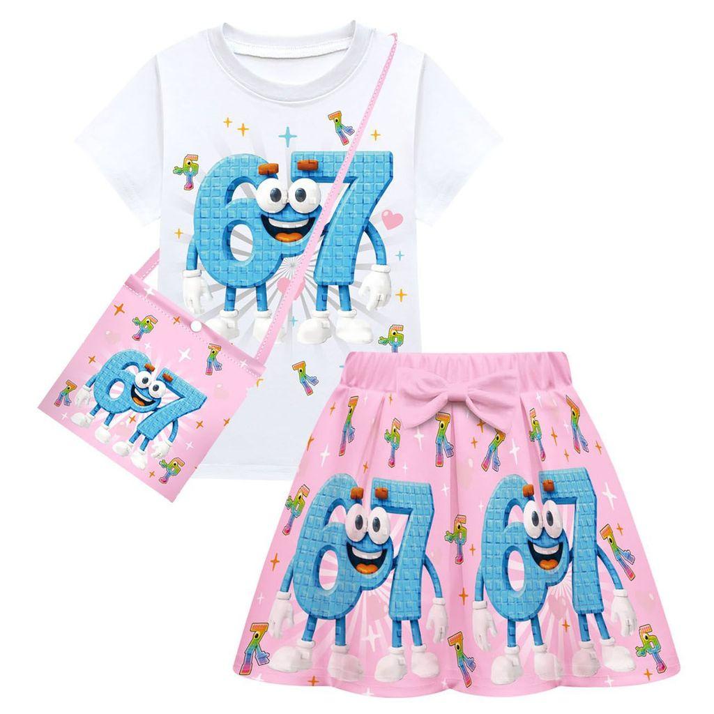 Детские Девочки Украсть Мозговую Гниль 67 Принты Наборы Футболка с Короткими Рукавами Юбка Сумка Набор Одежды