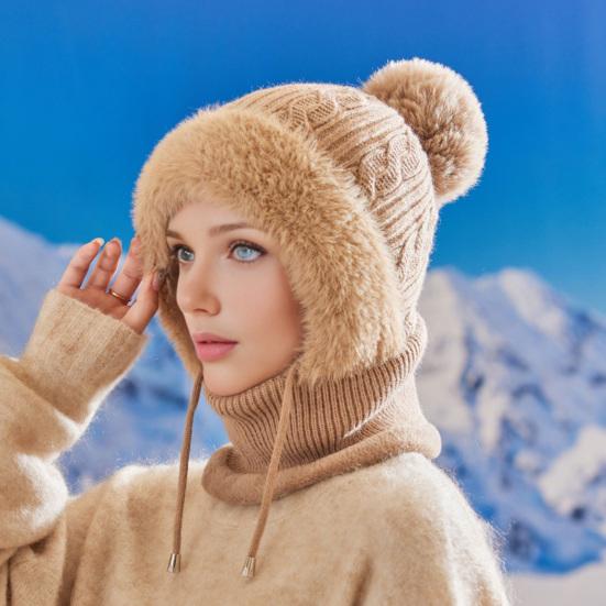 Вязаная шапка женская ветрозащитная утепленная зимняя шапка с плюшевым помпоном 3-в-1 утолщенная шапка защита лица шарф