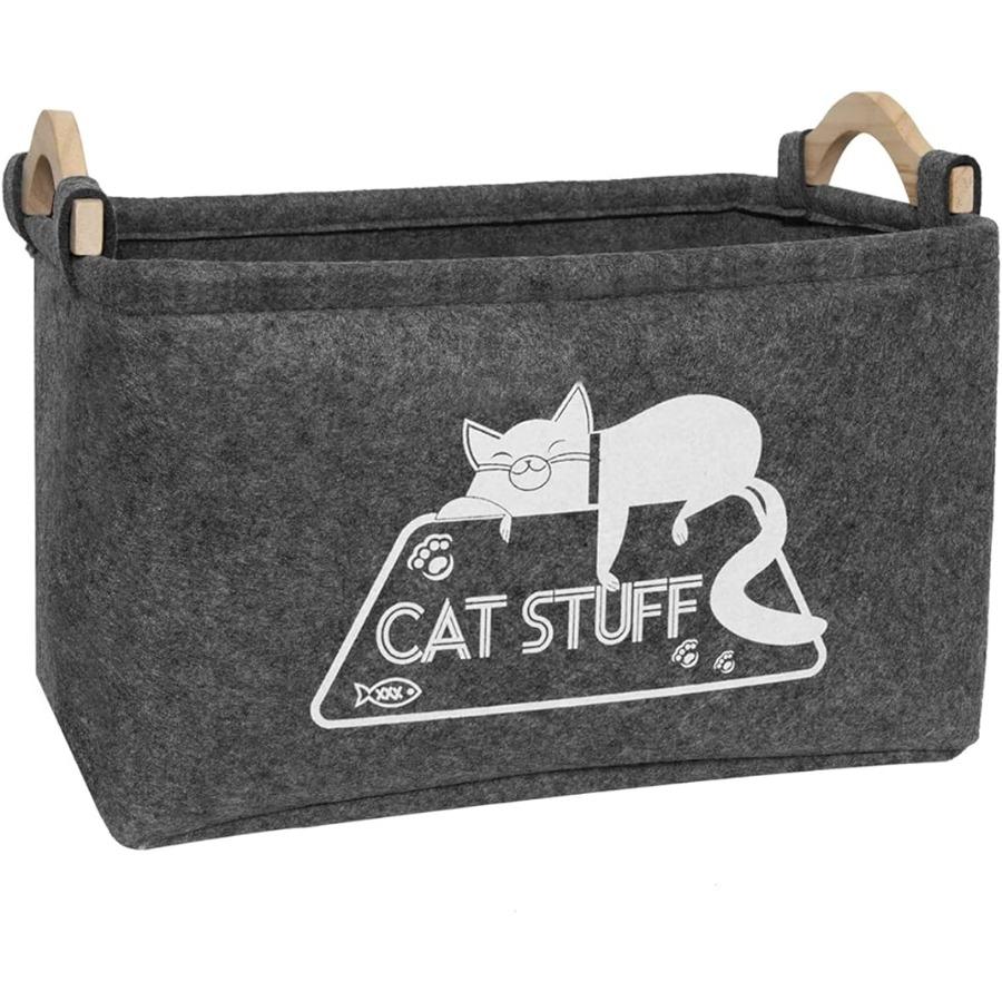 Foldable Cat Toy Box, Felt Pet Toys Organizer with Prints, Collapsible Pet Toys Storage Basket for Travel, Portable and Convenient