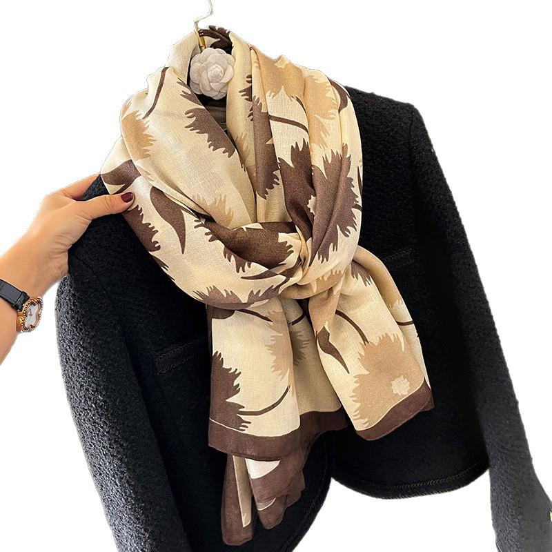 Korean Style Floral Cotton Linen Scarf, Versatile Long Thin Shawl for Women