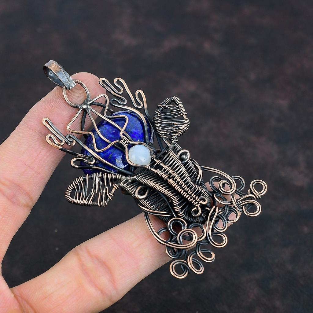 Подвеска из лазурита, медная проволочная обертка, подвеска из лунного камня, подвеска в виде оленьей морды, медная подвеска ручной работы, подарки для нее, подвеска в виде проволочной обертки