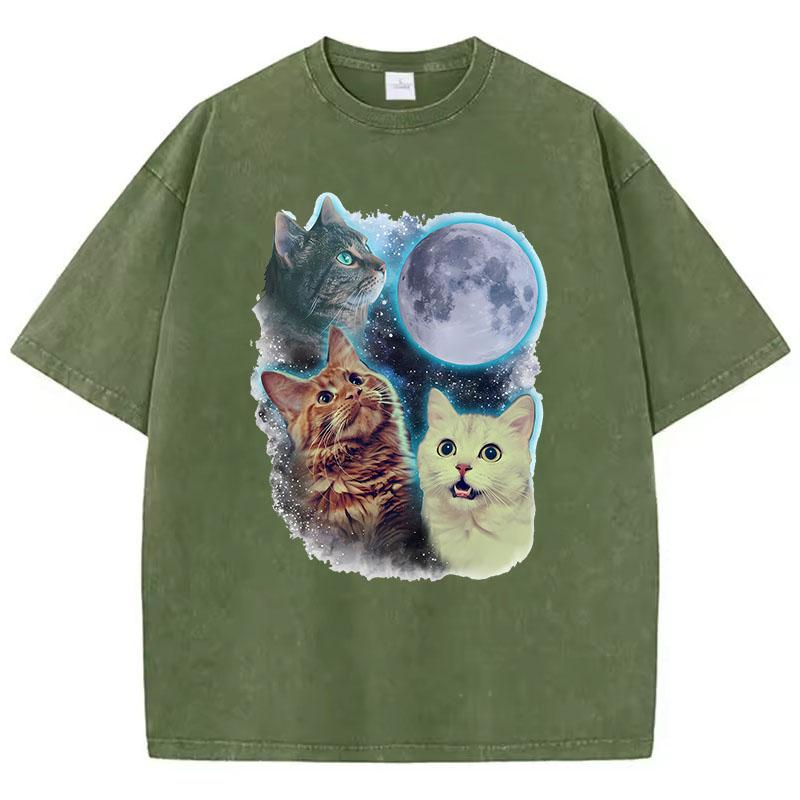 Funny T Shirt Vintage Washed  Cotton TShirt Cat Moon Star Graphic Tee Casual Streetwear Spring Summer Top Tee