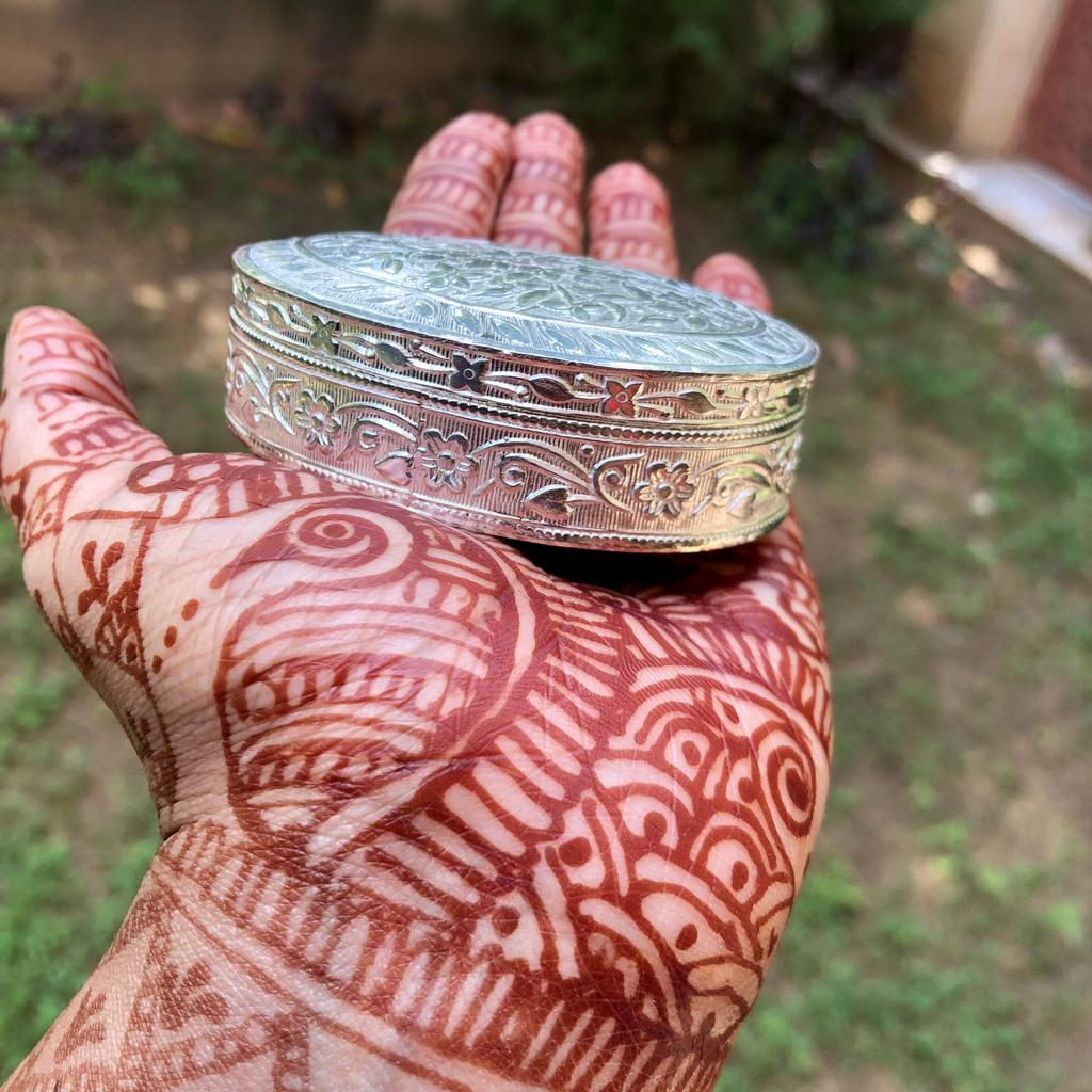 925 Silver Handmade Trinket Kajal Casket Jewelry Box, Surma Kumkum Sindoor Container, Floral Oval shape 7 X 5.5 cm, 51 gms Temple Pooja