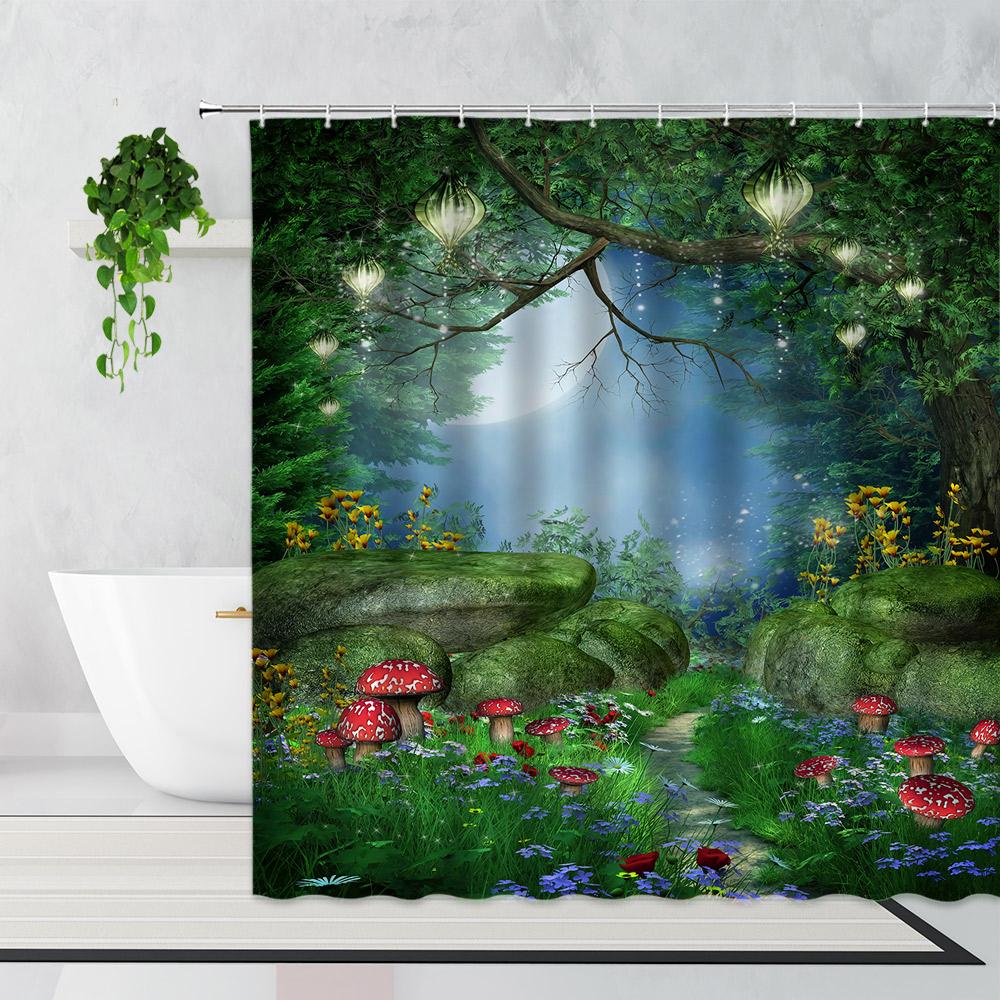 Zen Bamboo Forest Shower Curtain Summer Forest Jungle Waterfall Rock Nature Scenery Bath Curtains Set Green Landscape Bathroom