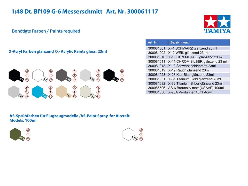 Tamiya Masterpiece Series Luftwaffe Messerschmitt Bf109 Plastic Model 61117 1/48 No.117 G-6