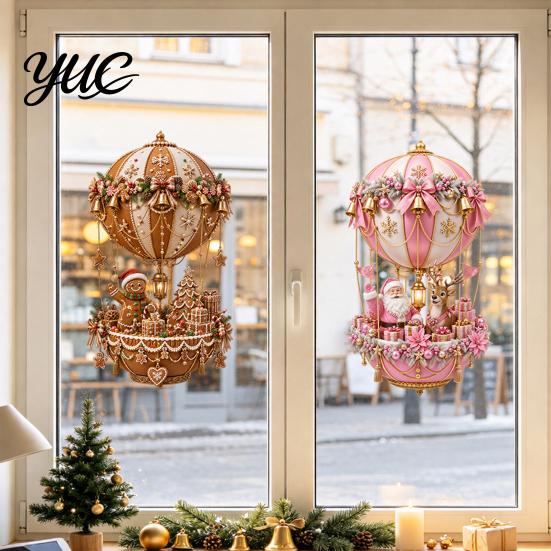 Christmas Party Decorations Hot Air Balloon Static Glass Sticker, Santa Claus/Gingerbread Man Window Seasonal Shop Art Reusable PVC Decal for Holiday