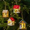 Wooden Christmas Decor with LED Light 3D Carved Hanging Wood Star/Village House/Bell/Gift Box Ornament for Xmas Tree Decor