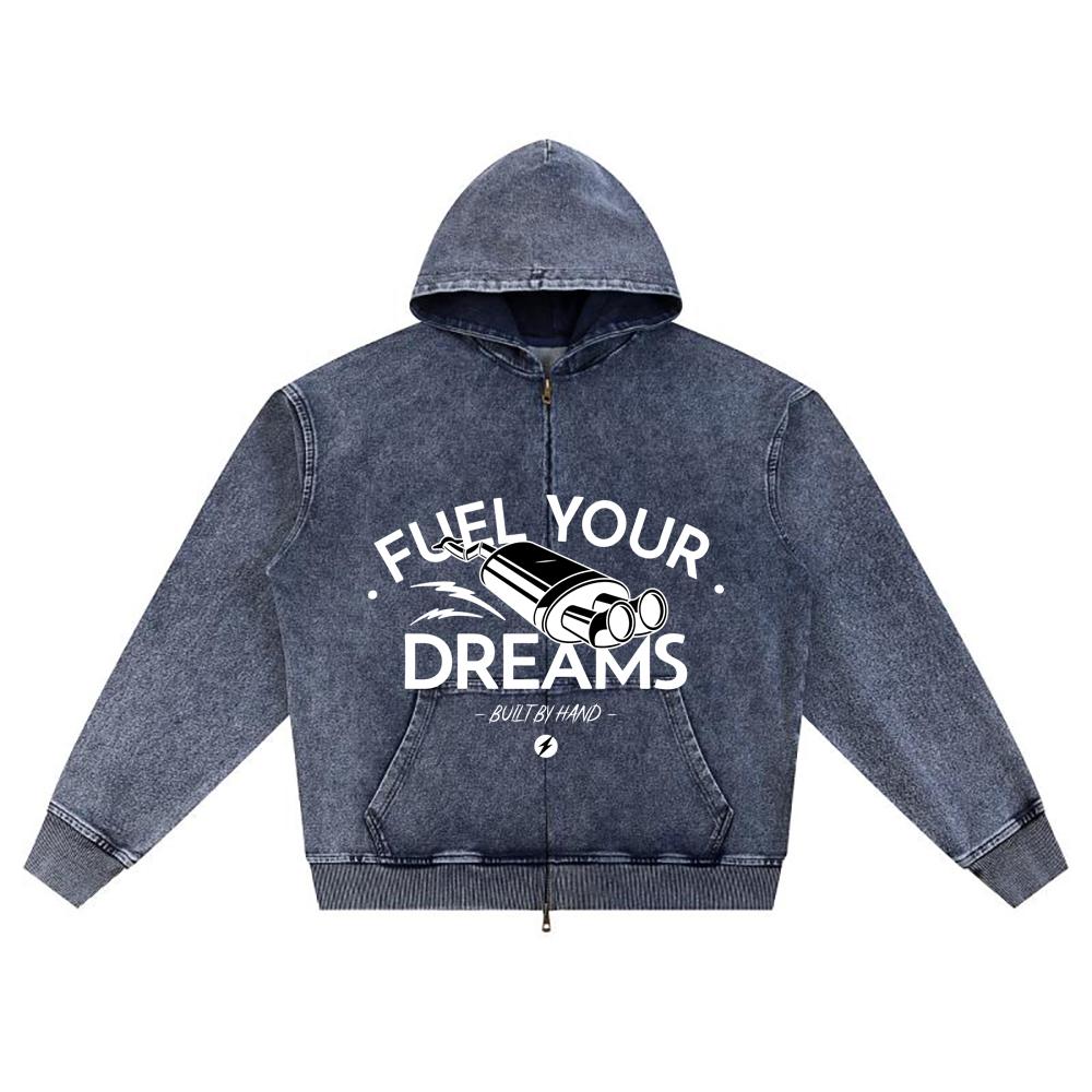 DTG Print Knitted Denim Zip-Up Hoodie Fuel Your Dreams Brother Print Zipper Hoodies