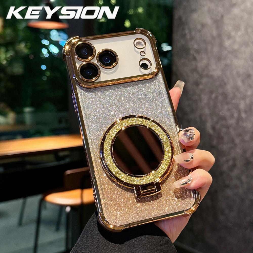 KEYSION Градиентный блестящий магнитный чехол для телефона MagSafe для iPhone 17 Pro Max 17 Air с зеркалом для макияжа и кольцом-подставкой, противоударный чехол