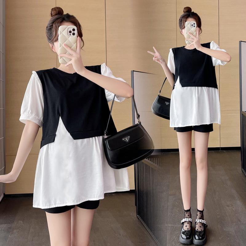 Korean Style Summer Maternity Babydoll Top + Belly Support Shorts Set