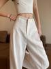 Женские брюки с высокой талией и широкими штанинами из хлопка и льна - Стройнящие белые драпирующиеся летние брюки