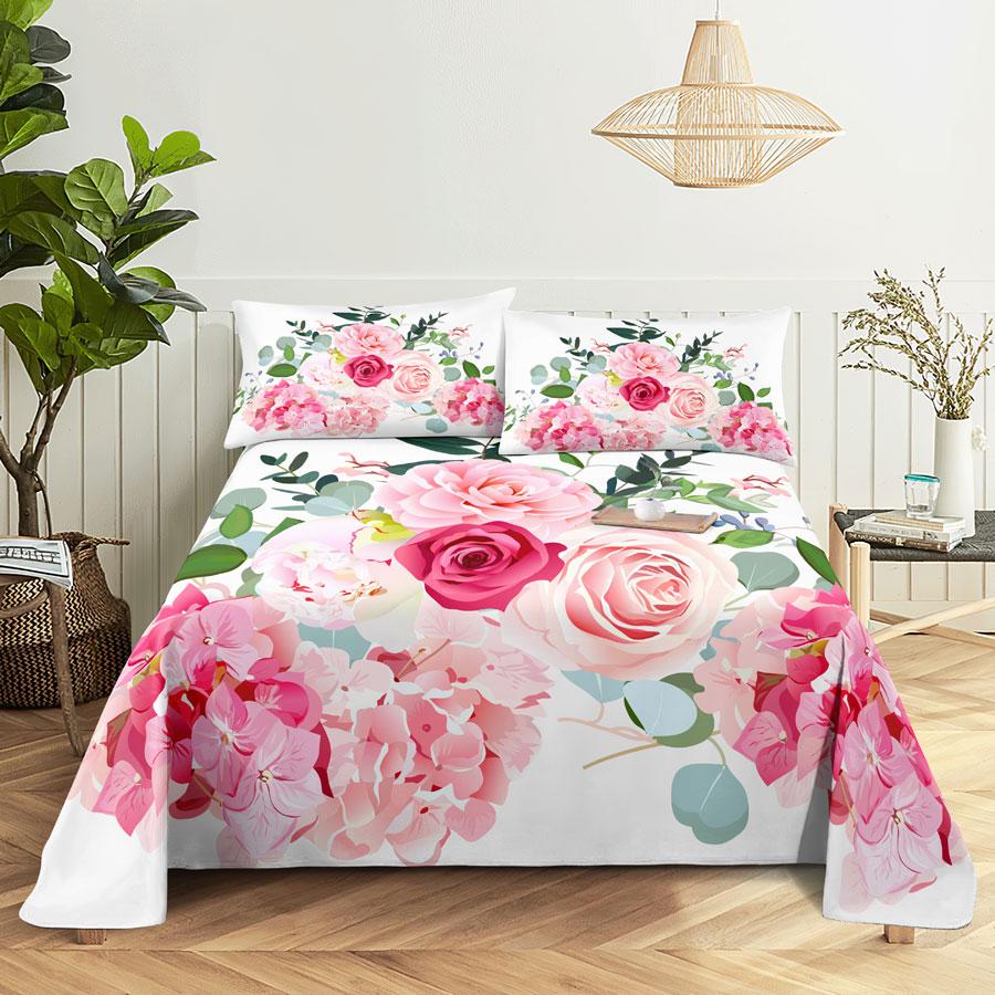 Bedsheets Set With Pillows Case Queen Size Soft Bed Sheets And Pillowcases For Single Double Beds Twin Pink Flower Thin Fabric