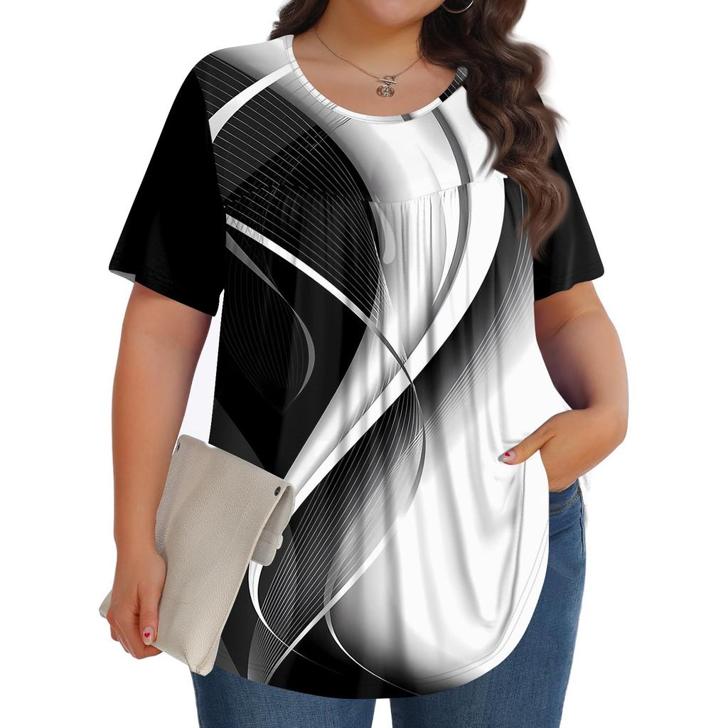 Women's Fashion Casual Print Round Neck Short Sleeve Top Womens Plus Size Tops