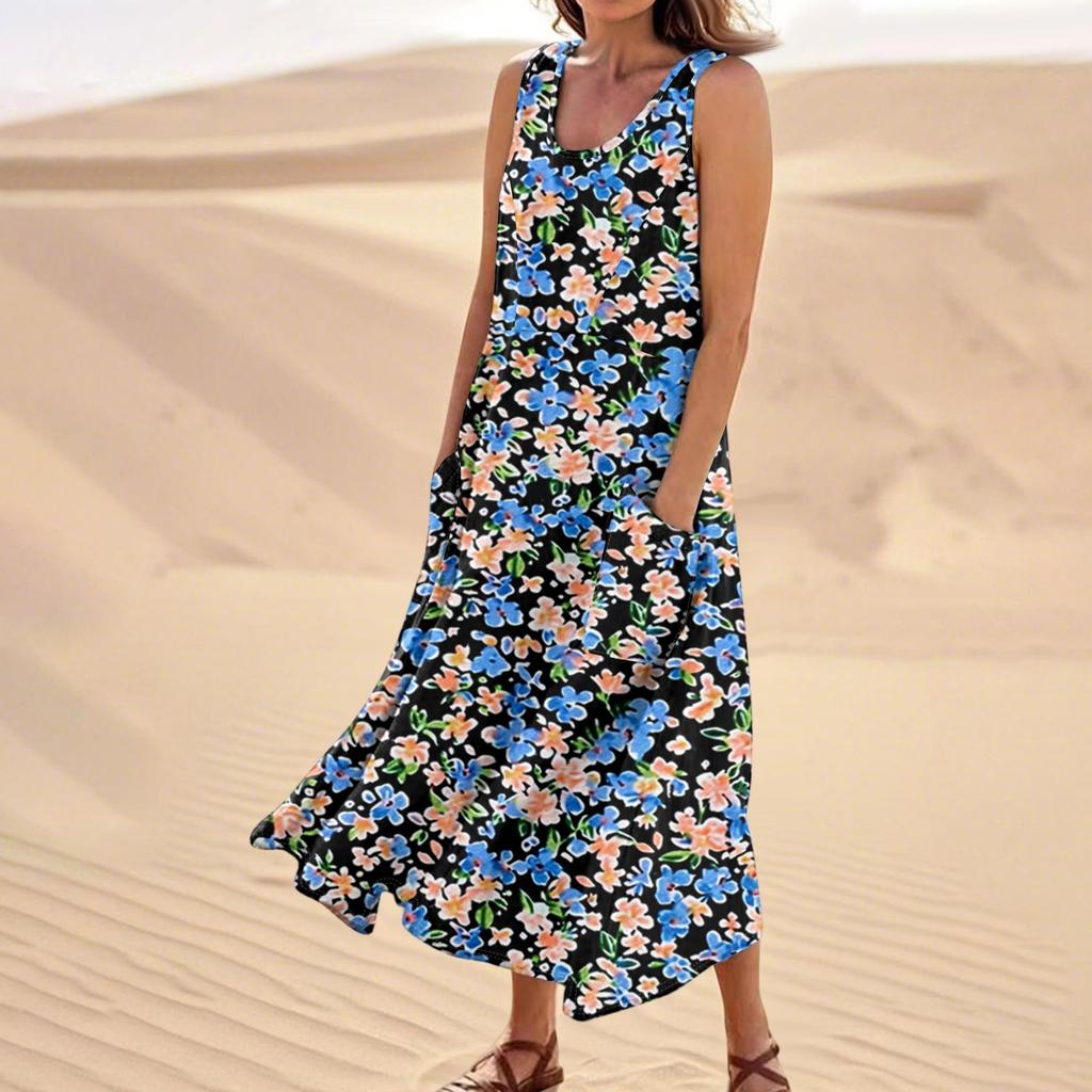 Женское летнее повседневное модное платье без рукавов с цветочным принтом и карманом