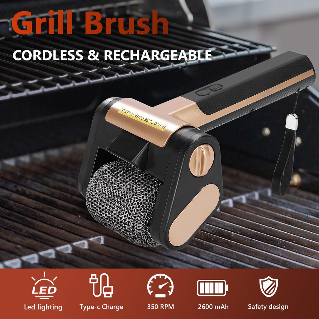 New Electric Roller Grill Brush w/ LED Light StainlessSteel Bristle-Free Cleaner Brush Repalceable Brush Head USB BBQ Clean Tool