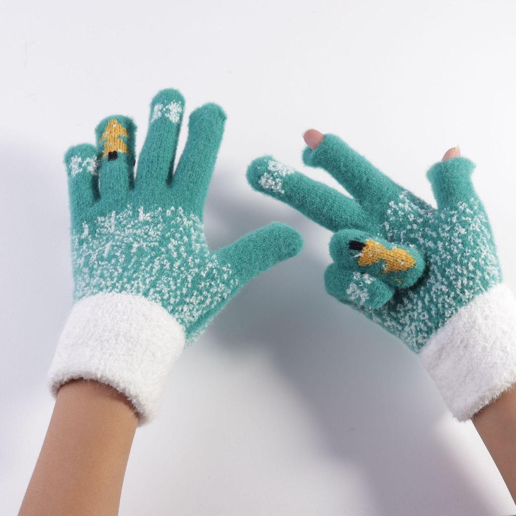 Женские шерстяные перчатки без пальцев с сенсорным экраном - Теплые, милые, с дизайном елки