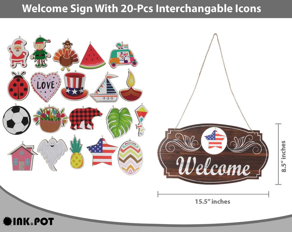 Inkdotpot Welcome Sign Front Door Decorations Hanging Rustic Wood Seasonal Holiday Ornaments Housewarming GiftWall Hanging 15.5" Inches