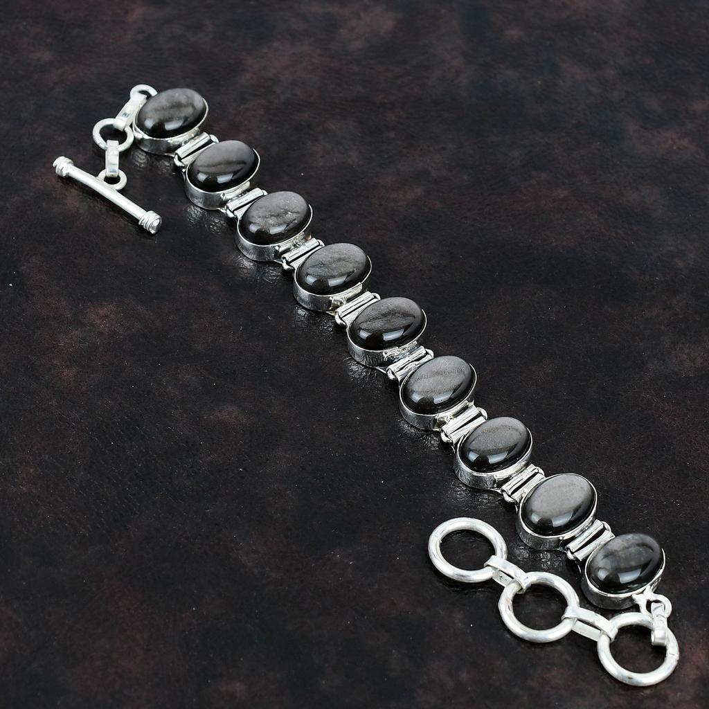 Серебряный браслет из обсидиана, браслет из стерлингового серебра 925 пробы, регулируемый браслет-цепочка, ювелирные изделия ручной работы, браслет из настоящего драгоценного камня, подарки для нее