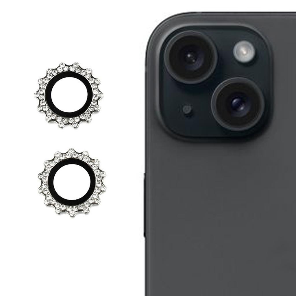 1Set For iPhone 15/15 Plus Camera Lens Protector Gear Shape Rhinestone Decor Tempered Glass Lens Film