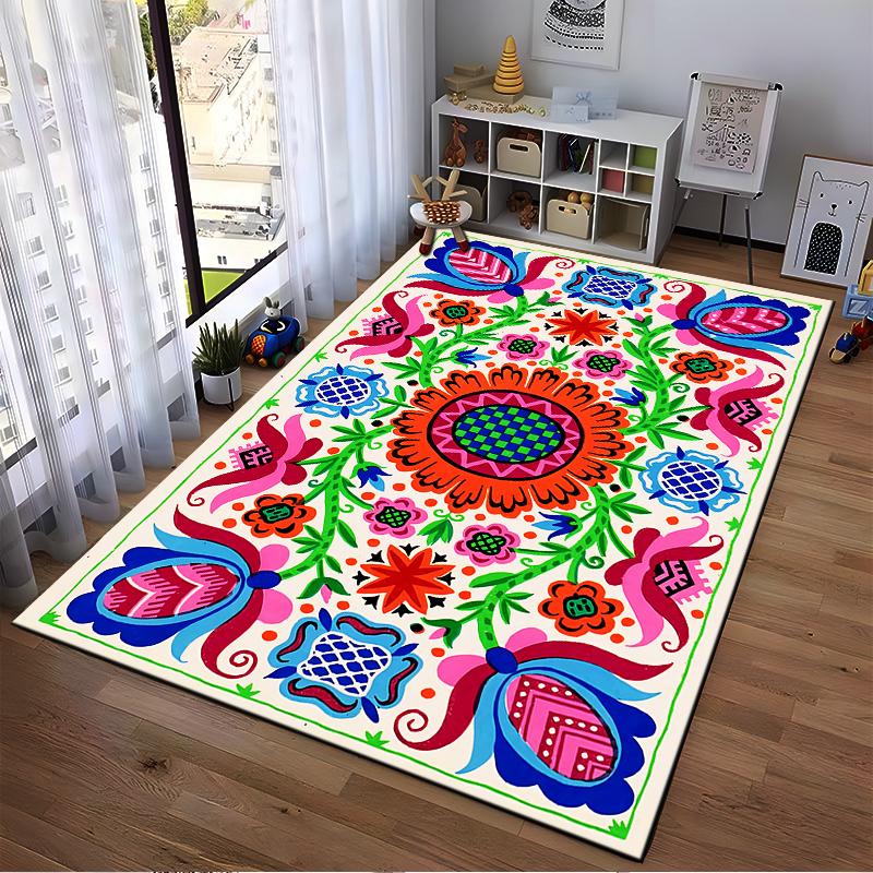 Colorful Floral Pattern Carpet with Bohemian Mandala Design, Area Rug. Suitable for use as an anti-slip for living room bedroom sofas