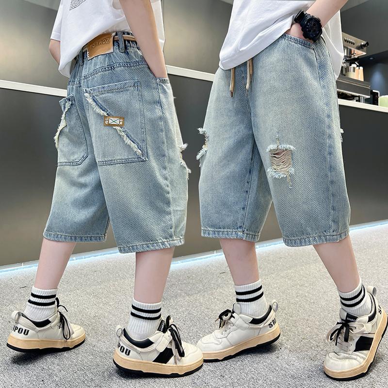 Boys' explosive streets, handsome and ripped denim shorts, new styles for children, big boys, boys, 5/7 shorts, trendy middle school students