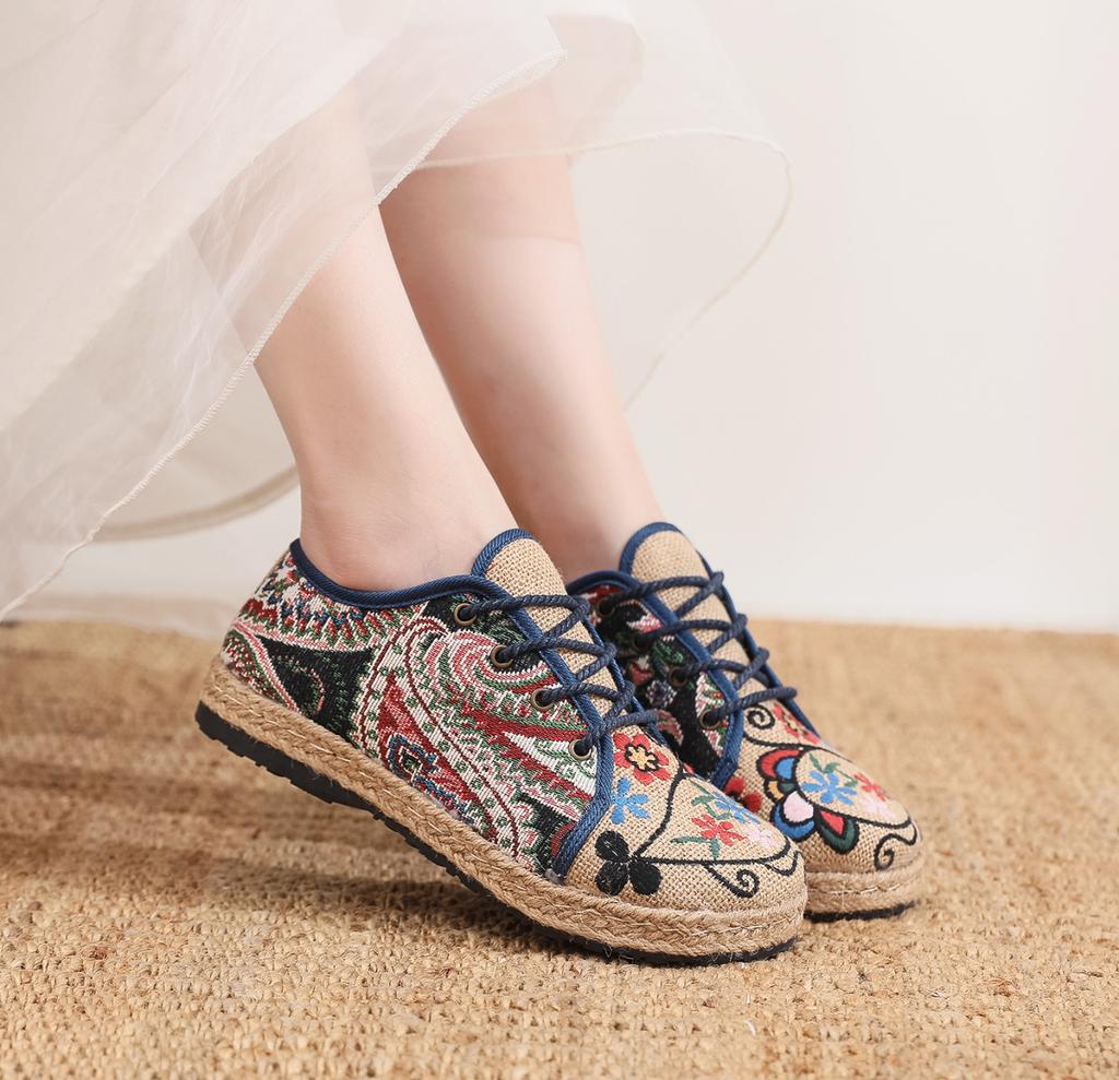 Женские туфли с круглым носком из хлопка и льна, парусиновые туфли с круглым носком и шнуровкой, женские туфли на плоской подошве, размер 35-40