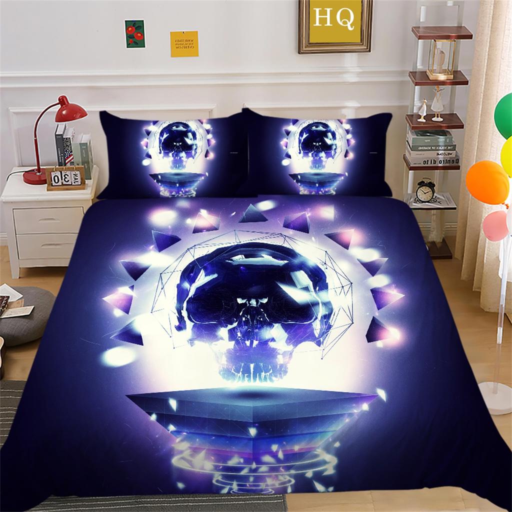 3D Horror Patterned Printed Bedding Set with Skull Head Pattern Down Duvet and Pillowcase 2/3 Pieces Halloween Festive Atmosphere Home Decoration