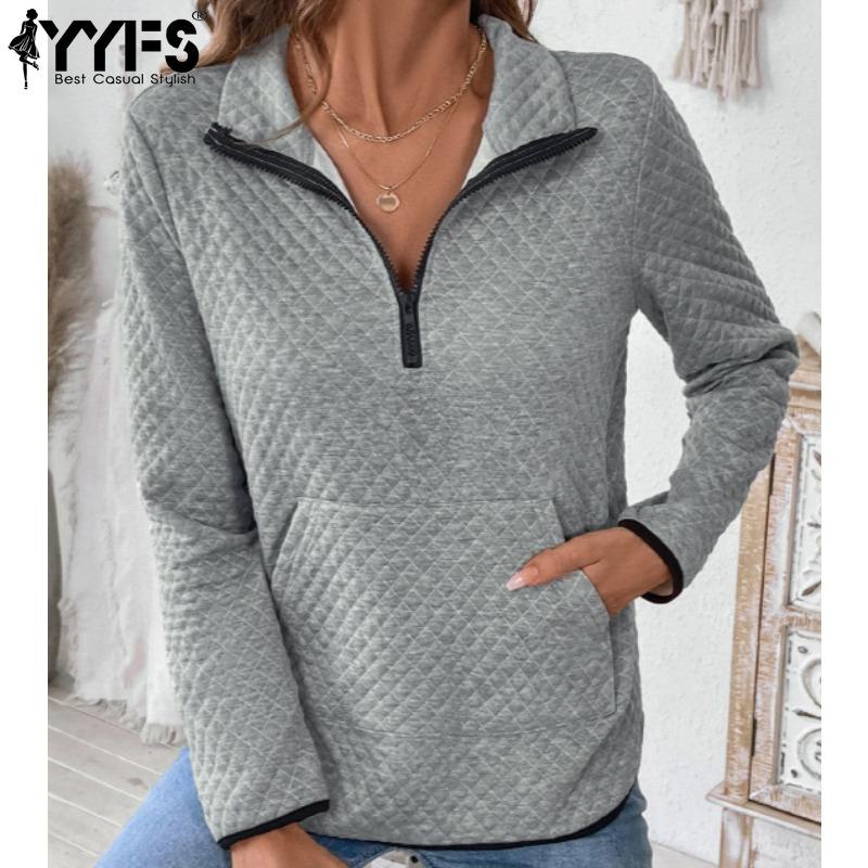 YYFS Женская мода повседневная однотонная принтованная рубашка осень-зима с длинным рукавом и воротником-поло, пуловеры и длинные рукава