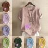 Women's Fashion Flower Prined Round Neck Short Sleeve T-shirt Casual Cotton Linen Graphic Shirt Leisure Loose Summer Blouse Tops Plus Size