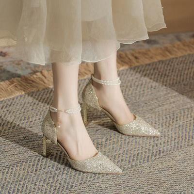 Модная женская праздничная обувь на каблуке, летняя новинка, остроносая, с мелким вырезом, с пайетками и бисером, противоскользящая и износостойкая, на высоком каблуке