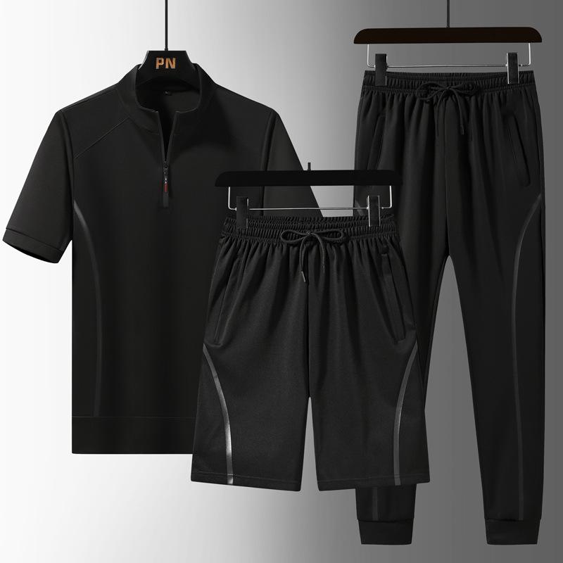 Large Size Three Piece Summer Casual Sports Set Men Breathable Casual Suit Short Sleeve T Shirt Shorts Pants Outfit