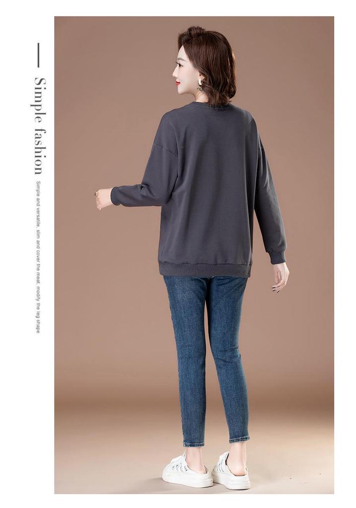 Women's Loose-Fit Pure Cotton Hoodie - Plus Size, Tummy-Covering, Slimming, Casual Spring/Autumn Top for Middle-Aged Mothers