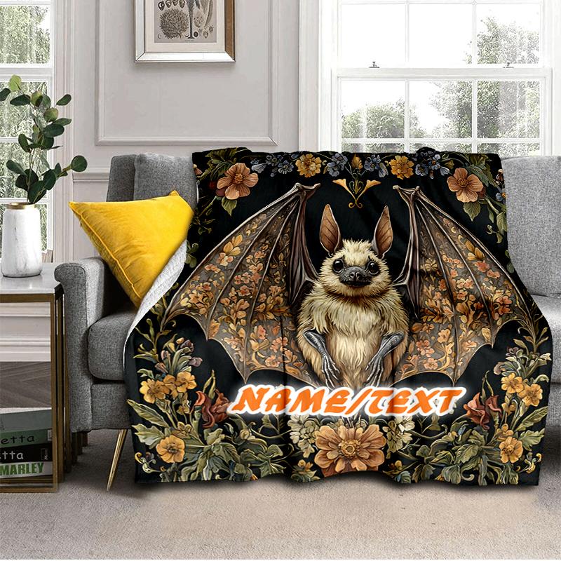 1PC Custom Name Bat Floral Wings outdooor Flannel blankets Throw Blanket All-Season Throw Gift Bedspread for Couch, Bed, Camping Holiday Birthday gift