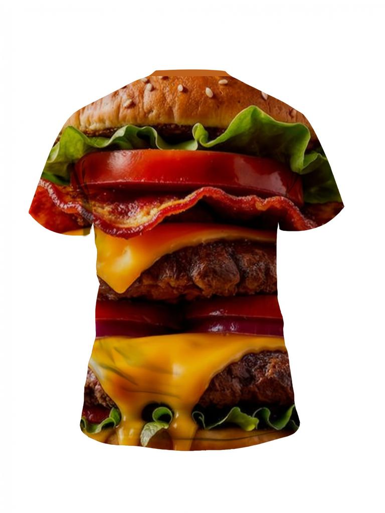 [Printed Design – Not Textured] Men's Fun and Realistic Double-Layer Cheeseburger Food Digital Print Short-Sleeve T-Shirt, Standard Fit Crew Neck Top,