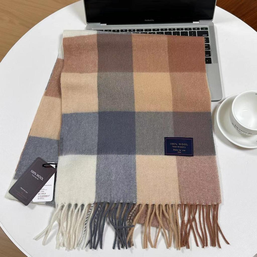 Men Scarf 100% Wool Plaid Warm Soft Muffler Female Winter Autumn Couple Cashmere Windproof Stripe Tassel Shawl Male Thick Scarf