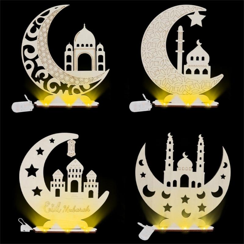 Уникальное деревянное настольное украшение Eid Mubarak Светодиодная луна-звезда Лампа-светильник Сделай сам Настольные украшения для праздничных торжеств
