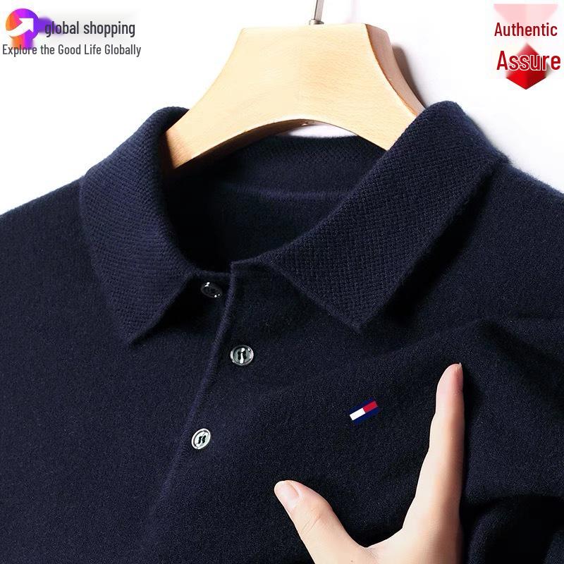 Оригинальный мужской джемпер Tommy из кашемира с длинным рукавом - Однотонный, с вышивкой, с воротником, большого размера, универсальный вязаный базовый слой.