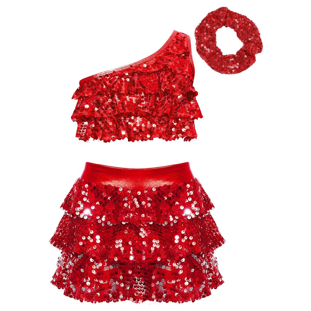 Girls One Shoulder Shiny Sequins Tiered Ruffles Crop Top Skirted Shorts Culottes Hair Tie Dance Outfit