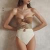 2024 New Swimsuit Color Block Cutout Shiny Texture One Piece and Sarong Vacation Swimwear Women Beachwear Bathing Suit