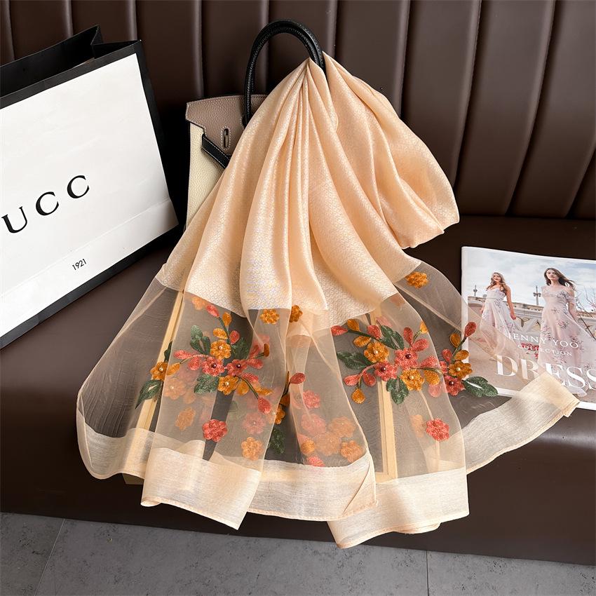 Elegant Silk Wool Embroidered Crabapple Flower Scarf - Double Layer, Thin, Large Shawl, Solid Color, All-Season Accessory.